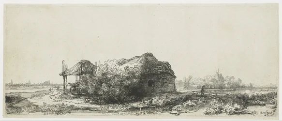 Paysage avec un cottage et une grange à foin