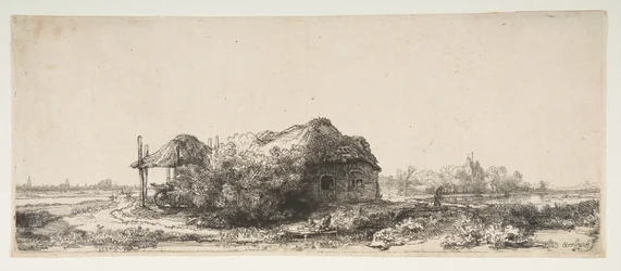 Paysage avec un cottage et une grange à foin