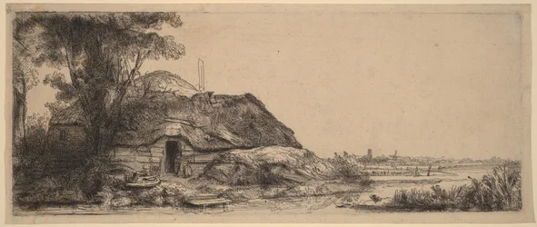 Paysage avec une petite maison et un grand arbre