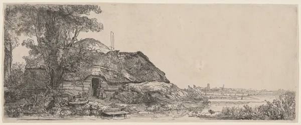 Paysage avec une petite maison et un grand arbre