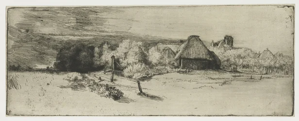 Paysage avec un bâtiment de ferme et la maison avec la tour