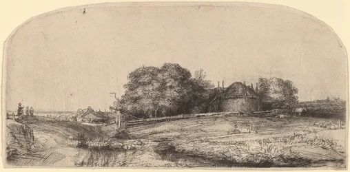 Paysage avec une grange à foin et un troupeau de moutons