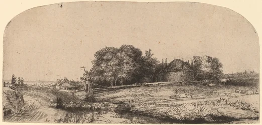 Paysage avec une grange à foin et un troupeau de moutons