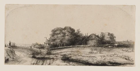 Paysage avec une grange à foin et un troupeau de moutons
