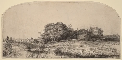 Paysage avec une grange à foin et un troupeau de moutons