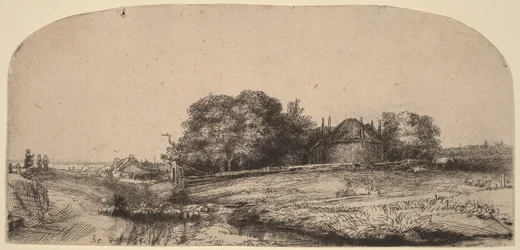 Paysage avec une grange à foin et un troupeau de moutons