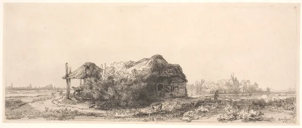 Paysage avec une petite maison et une grange à foin : format oblong