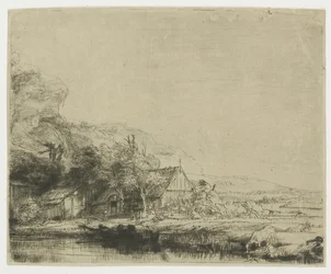 Paysage avec une vache buvant
