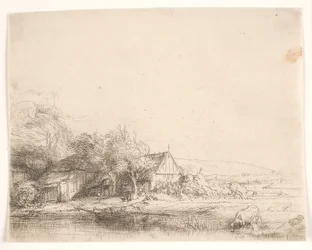 Paysage avec une vache qui boit