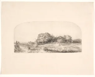Paysage avec une grange à foin et un troupeau de moutons