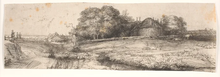 Paysage avec une grange à foin et un troupeau de moutons