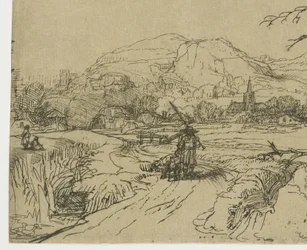 Paysage avec un sportif et des chiens
