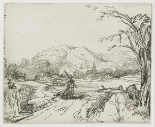 Paysage avec un sportif et des chiens