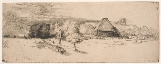 Paysage avec des arbres, des bâtiments agricoles et une tour