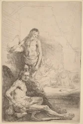Homme nu assis et homme nu debout, avec une femme et un bébé à l