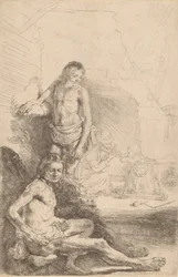 Homme nu assis et homme nu debout, avec une femme et un bébé en arrière-plan, c. 1646