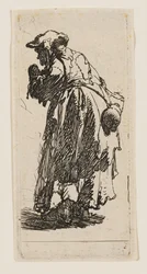 Vieille mendiante avec une gourde