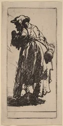 Vieille mendiante avec une gourde