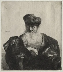 Vieil homme avec barbe, bonnet de fourrure et manteau de velours