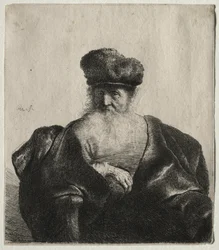 Vieil homme avec barbe, bonnet de fourrure et manteau de velours