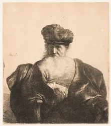 Vieil homme assis, à la barbe longue, coiffé d