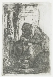 Vieille femme avec des oignons, assise dans une cabane