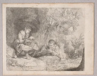 Un berger jouant de la flûte (Vue d’Omval avec une bergère et un berger jouant de la flûte)