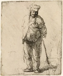 Paysan en haillons avec les mains derrière lui, tenant un bâton, vers 1630