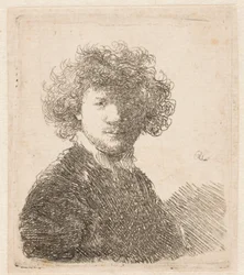 Rembrandt, tête nue, aux cheveux épais et bouclés, portant un petit col blanc : buste