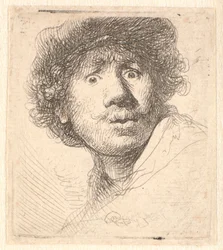 Rembrandt avec un bonnet, bouche ouverte et regard fixe : buste en contour