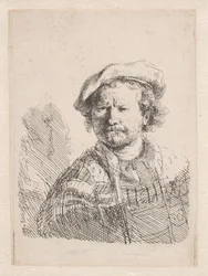 Rembrandt avec une casquette plate et un châle sur les épaules