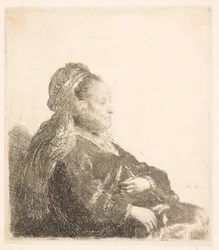La mère de Rembrandt assise face à droite, avec une coiffe orientale : demi-longueur, montrant les mains