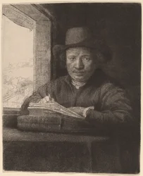 Autoportrait dessinant à une fenêtre