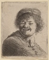 Autoportrait avec un bonnet : Riant