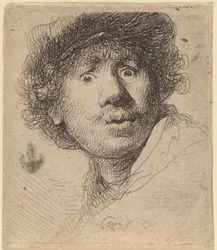Autoportrait en casquette, bouche ouverte