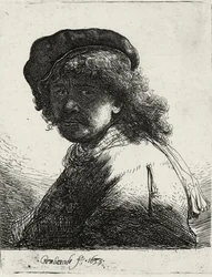 Autoportrait en bonnet et écharpe avec le visage sombre, 1633
