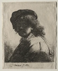 Autoportrait avec un bonnet et une écharpe avec le visage sombre : Buste, 1633
