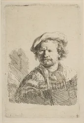 Autoportrait avec une casquette plate et une robe brodée