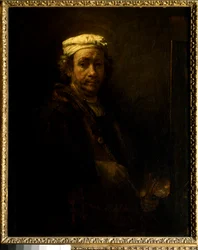 Autoportrait au chevalet. Peinture de Rembrandt Harmenszoon van Rijn, dit Rembrandt (1606-1669), école hollandaise