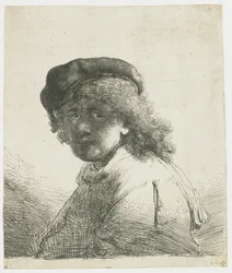 Autoportrait avec un bonnet et une écharpe, visage sombre : buste
