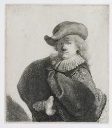 Autoportrait avec un chapeau souple et une cape à motifs