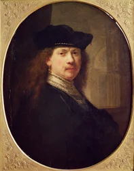 Autoportrait avec chapeau avec architecture en arrière-plan, 1637