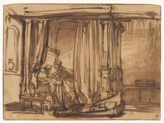 Chambre à coucher avec Saskia assise dans un lit à baldaquin
