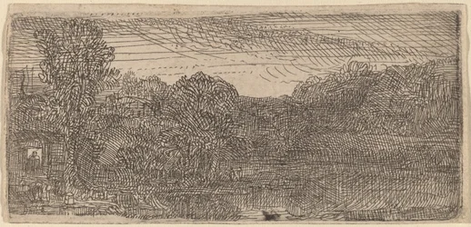 Petit paysage gris : une maison et des arbres près d