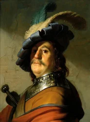 Soldat avec col de fer et chapeau à plumes