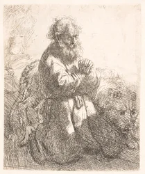 Saint Jérôme à genoux en prière, regardant vers le bas