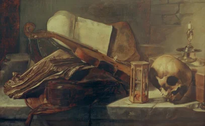 Nature morte avec livres, violon, crâne et sablier