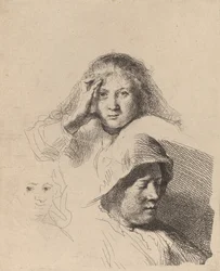 Trois têtes de femmes, légèrement gravées, vers 1637
