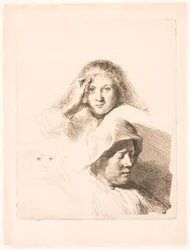 Trois têtes de femmes, une légèrement gravée