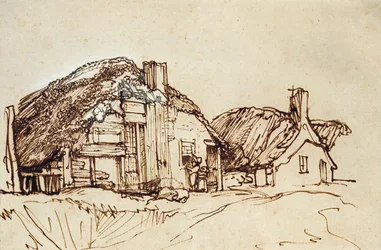 Deux chaumières avec des figures à la fenêtre
